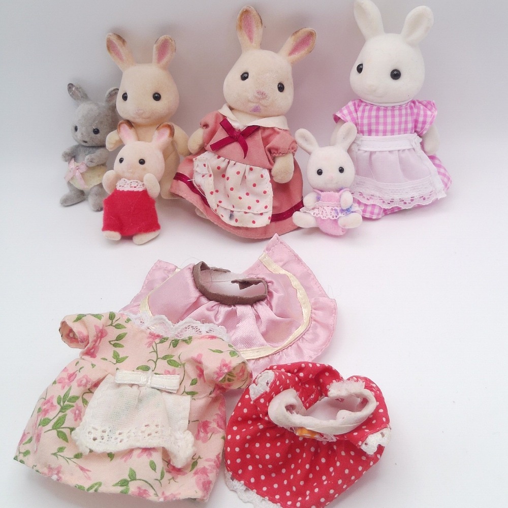 Sylvanian Families Bunny Mixed Lot of 6 plus clothing AS IS w/ Wear and Writing